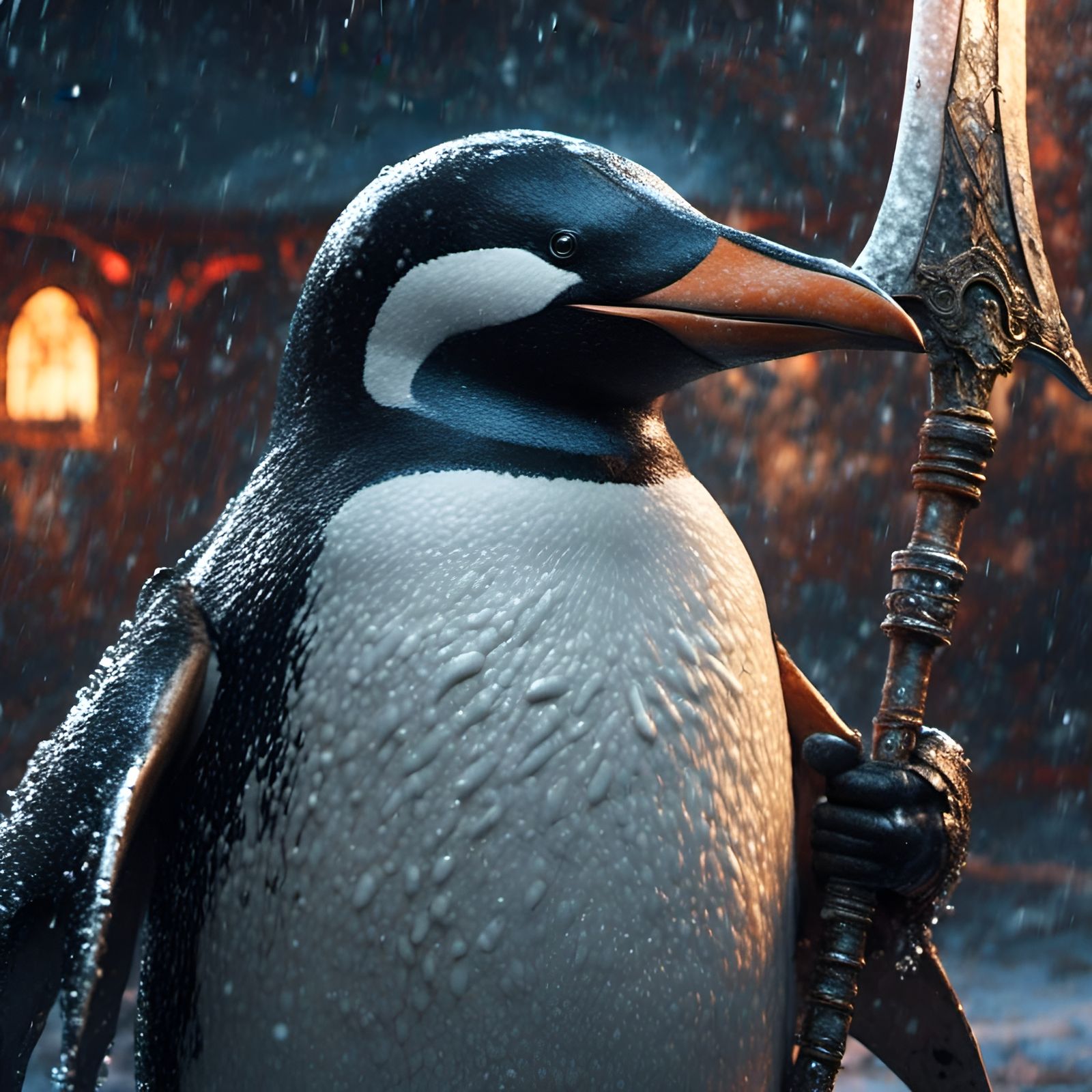 Penguin Warrior Wields Battle-axe with Photorealistic Detail