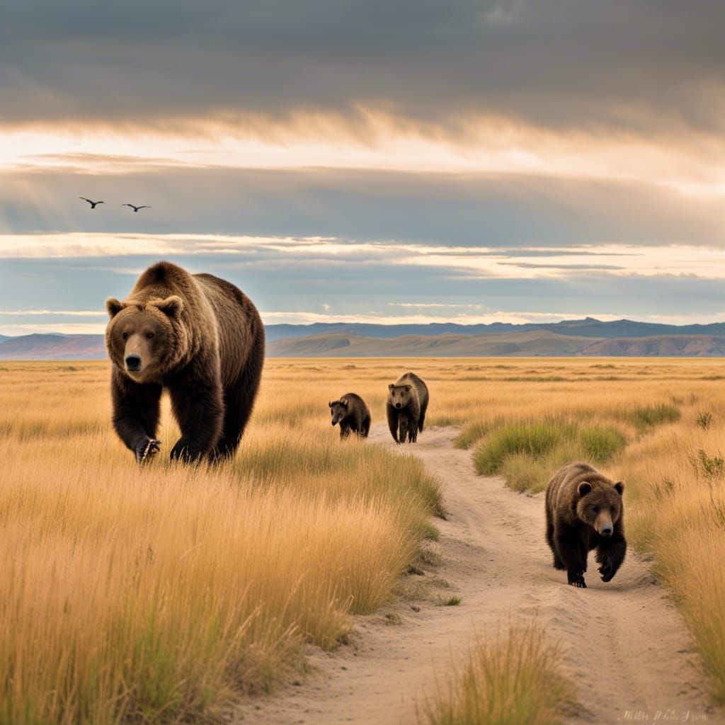 Grizzly Bears Chase Family and Pets Across a Sandy Path