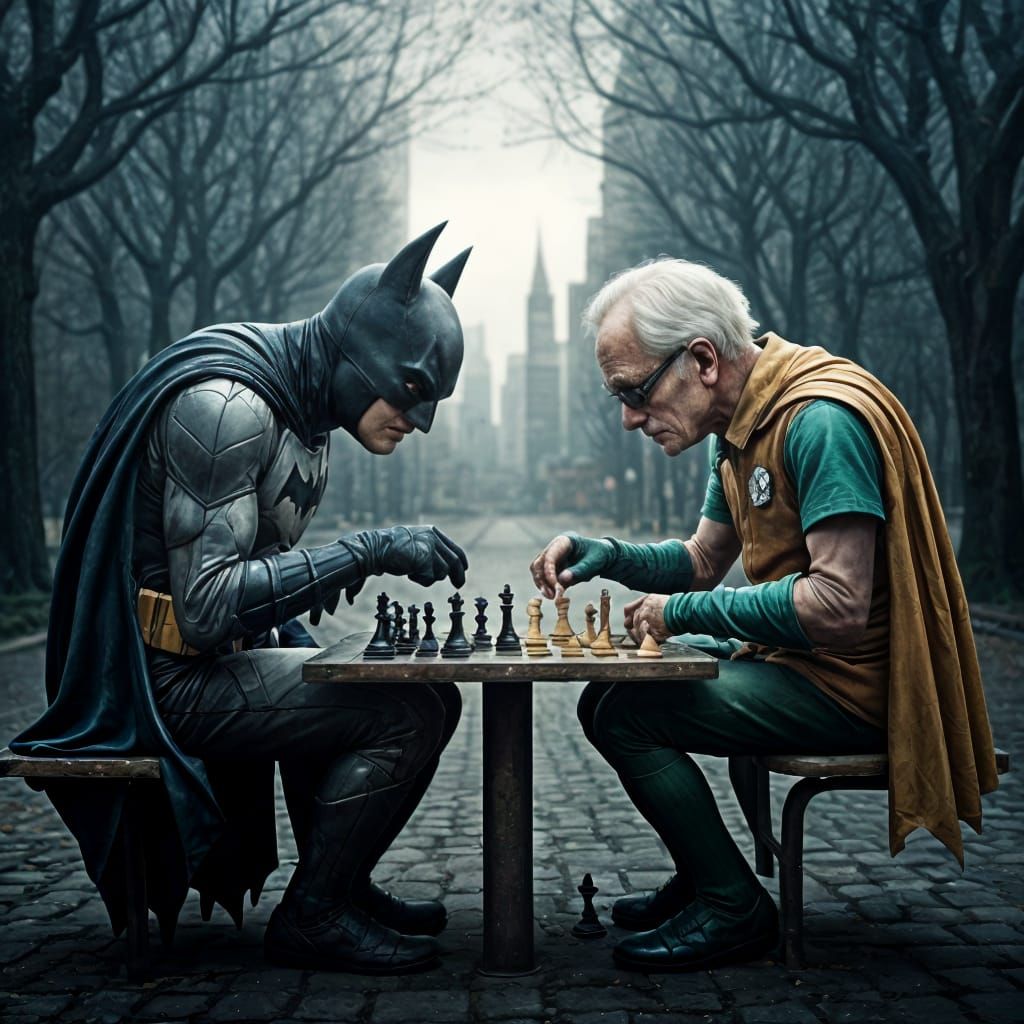 Surreal Chess Match in Gritty Gotham City