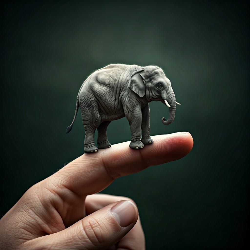 Elephant Perched on Human Finger in Photorealistic Style
