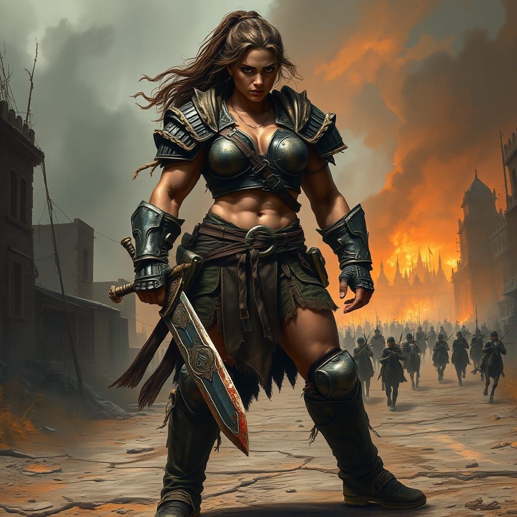 Gritty Warrior Stands Firm Amidst Ruins