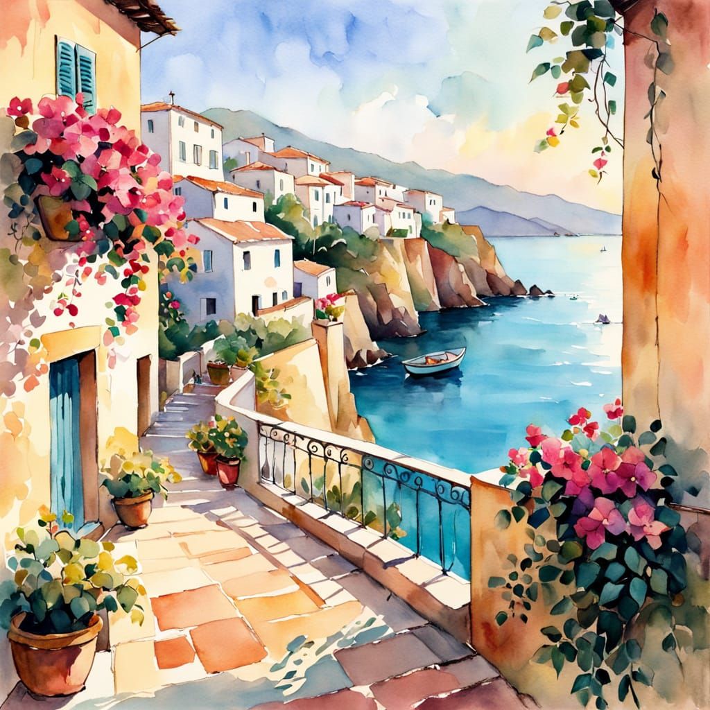 Serene Mediterranean Coastal Village in Watercolor Style