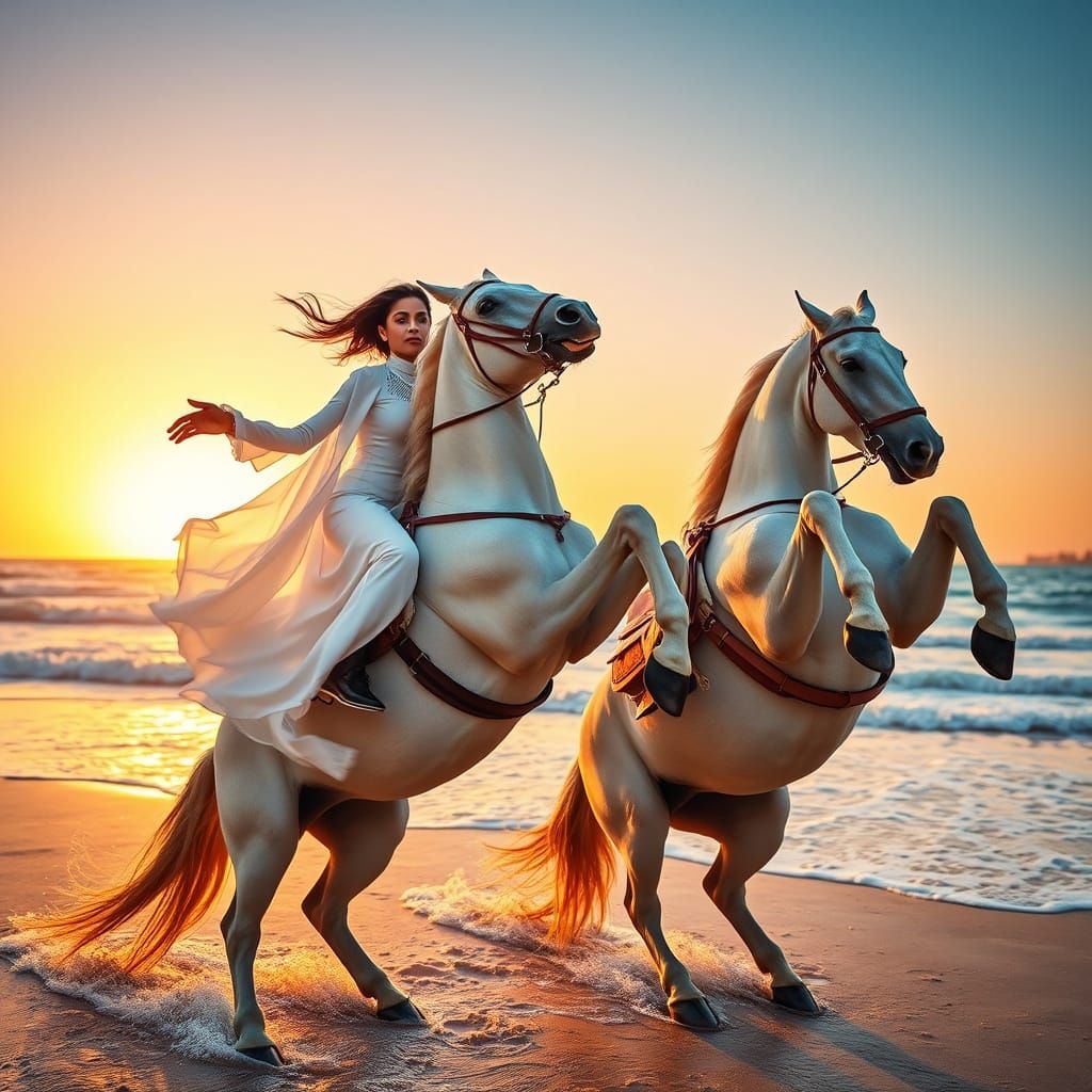 Elegant Arabian Horse Riders Pose on Beach at Sunset