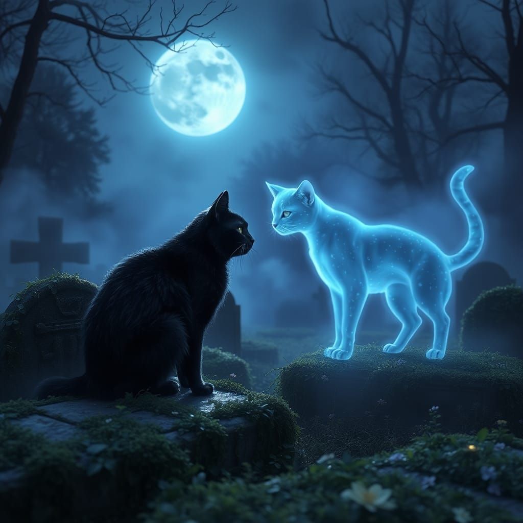 Moonlit Pet Cemetery with Ghost Cat