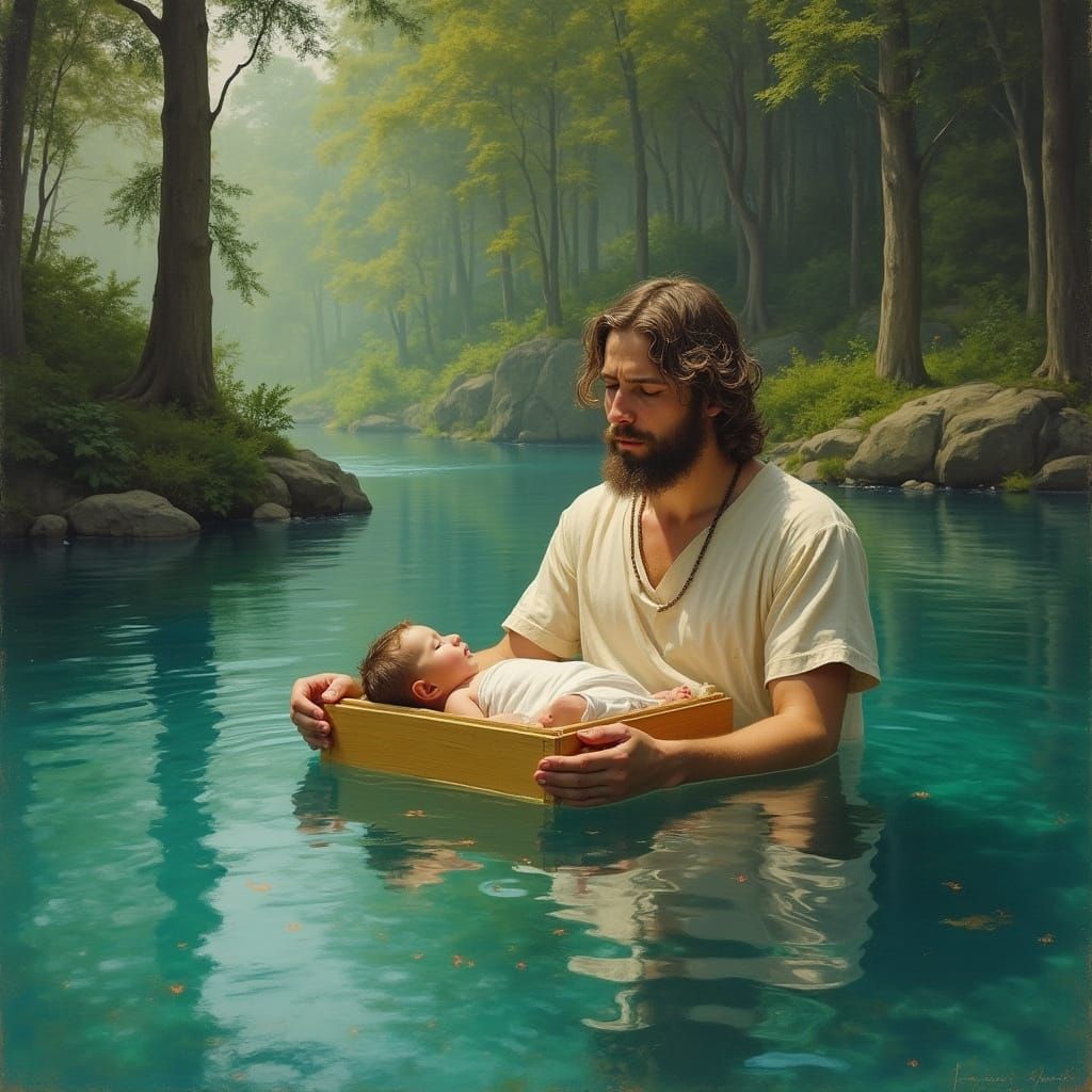 A Gentle Lake Scene with Moses and a Sleeping Baby