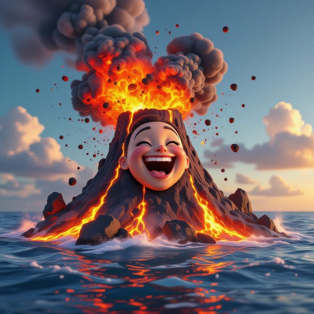 Happy Cartoon Volcano Exploding Lava into Ocean