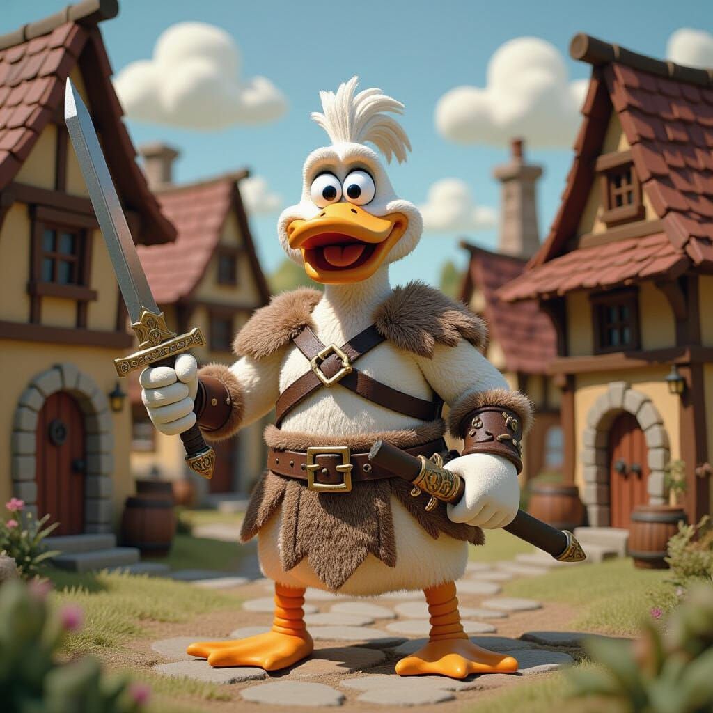 Anthropomorphic Duck Barbarian in Claymation Style