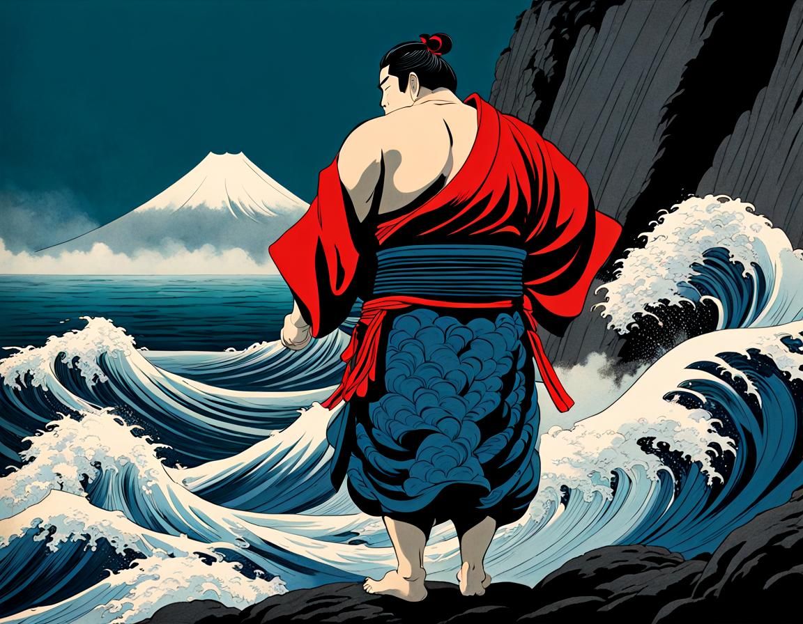 Sumo Wrestler Contemplating Turbulent Seas in Traditional Ja...