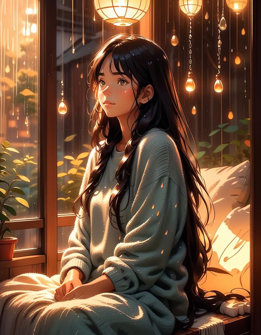 Cozy Girl Surrounded by Warmth in Whimsical Studio Ghibli St...