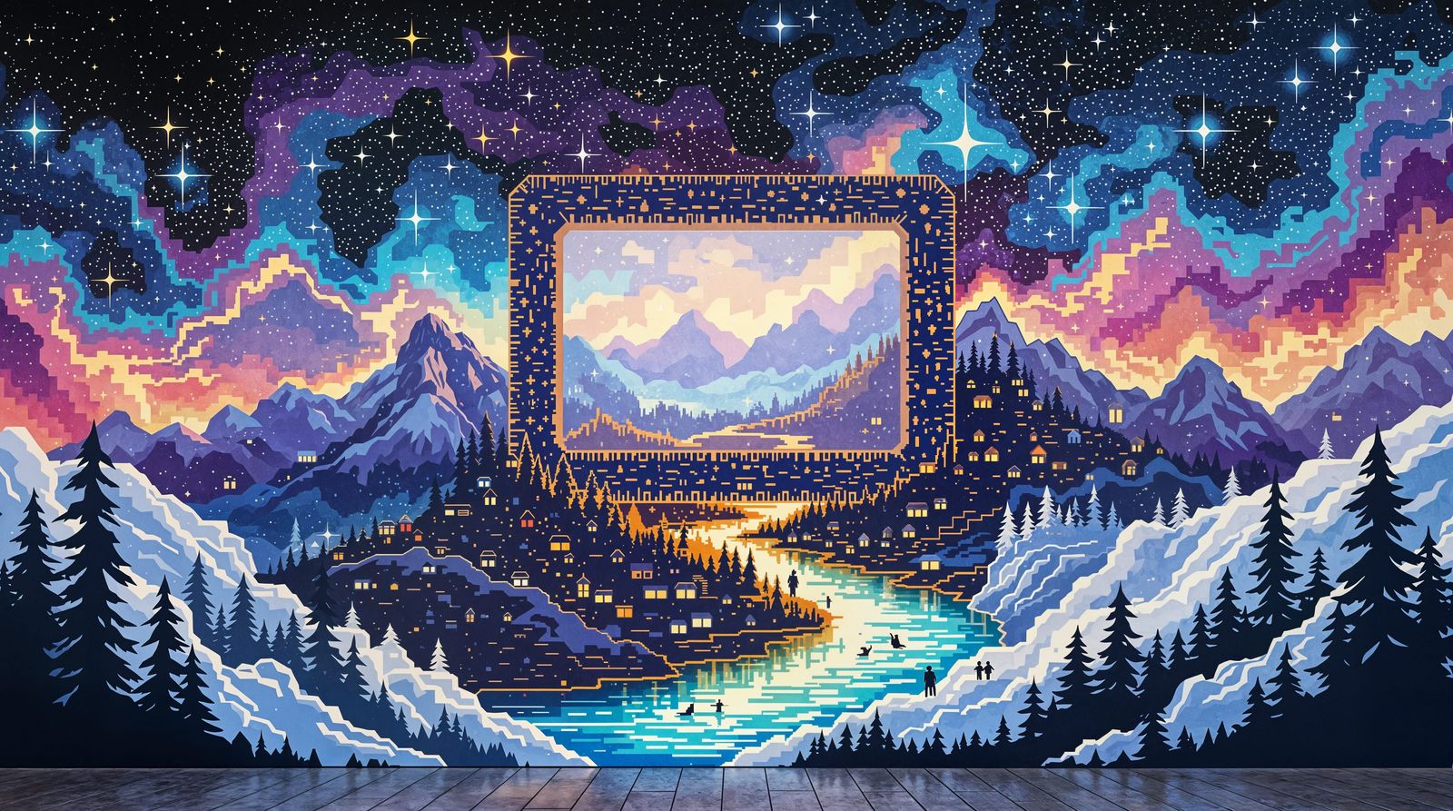 Pixel Gateway to Dream Worlds in Cyberpunk Style