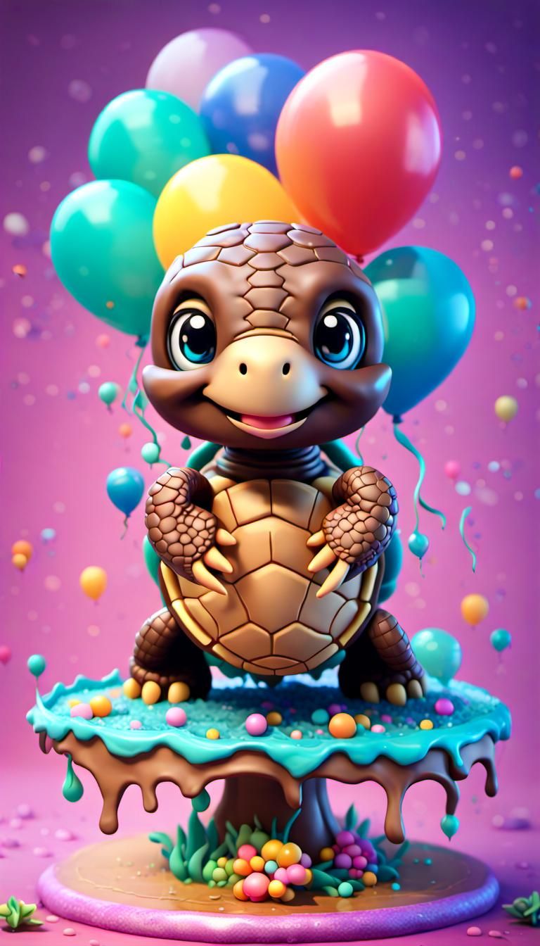 Surreal Chibi Chocolate Turtle Birthday Cake Masterpiece