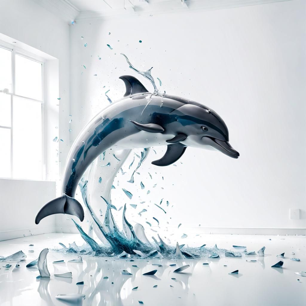 Transparent Dolphin Shatters in a White Room