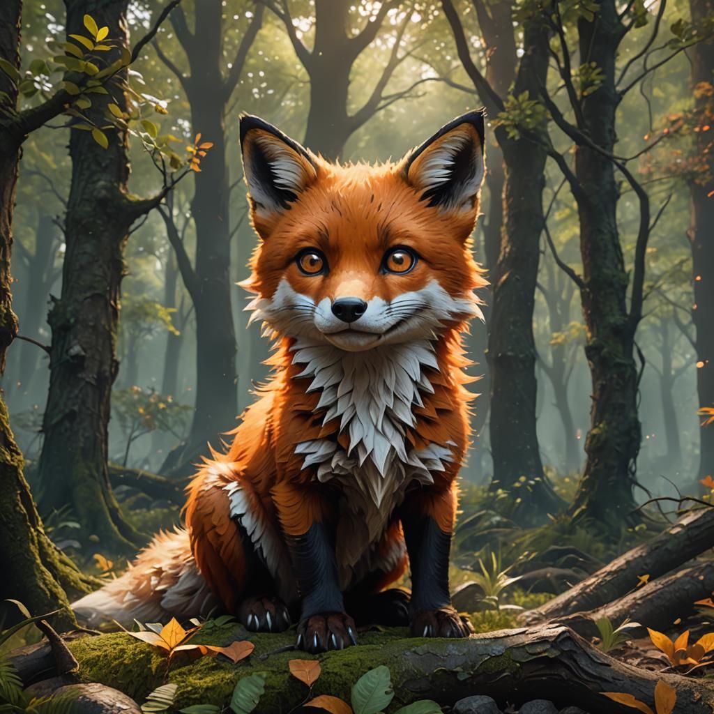 Cute Baby Fire Fox Captured in a Detailed Woodland Scene