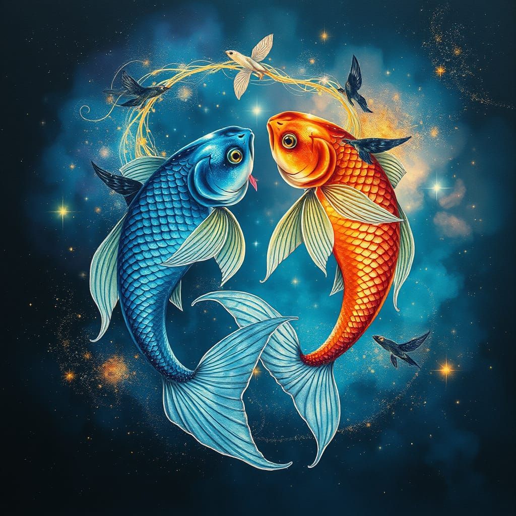 Celestial Harmony of Iridescent Fish in Cosmic Dance
