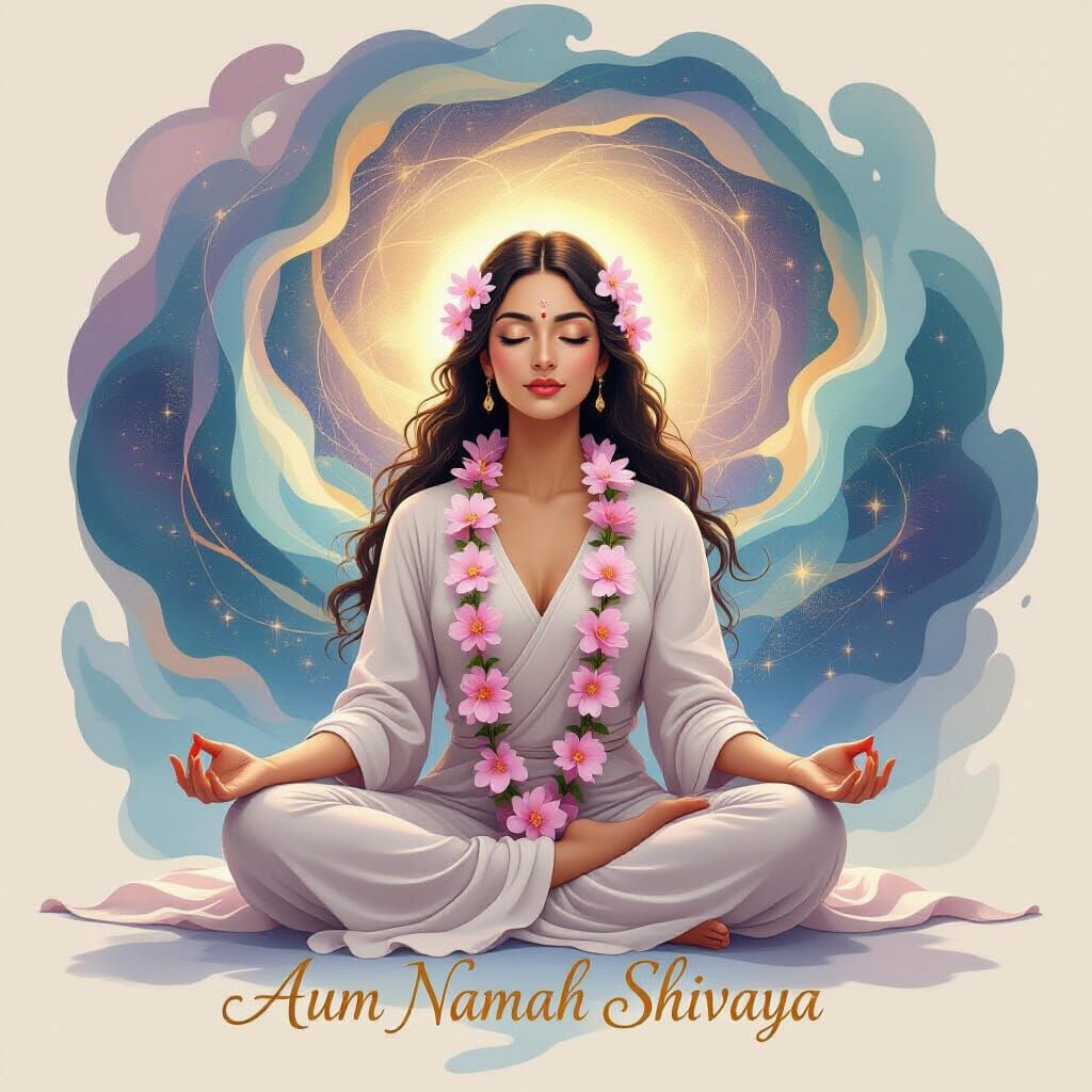 Meditating Woman in Cosmic Vortex with Cherry Blossoms