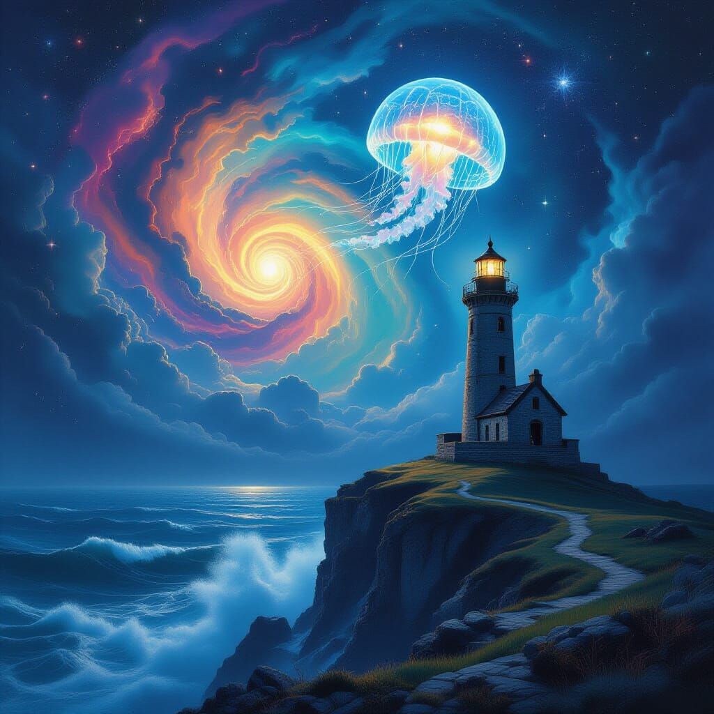 Ancient Lighthouse Under Cosmic Nebula Sky