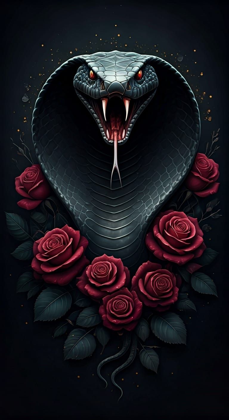 Sinister Snake Surrounded by Roses and Butterflies