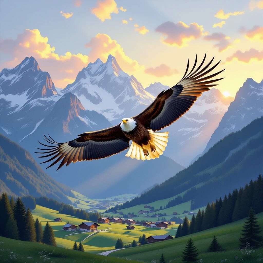Majestic Eagle Soars Over Swiss Alps at Dawn