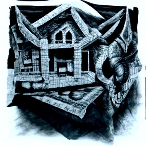 Surreal Demon Estate Blueprint in Charcoal
