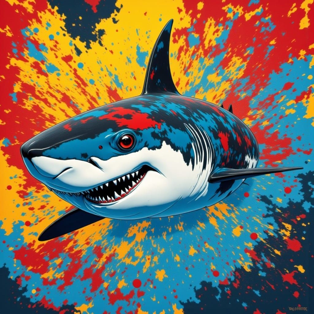 Pop Art Shark Swims Through Abstract Cityscape