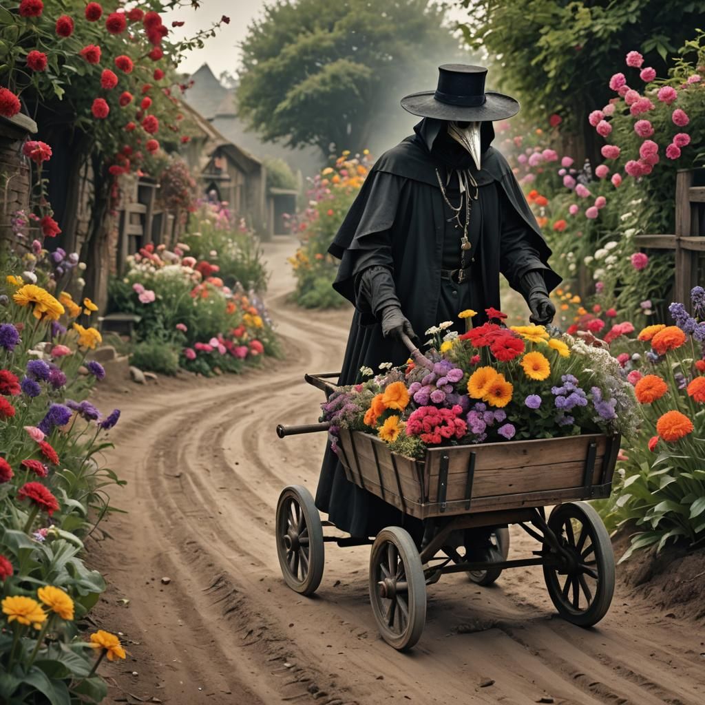 Vibrant Plague Doctor Surveys a Blooming Landscape