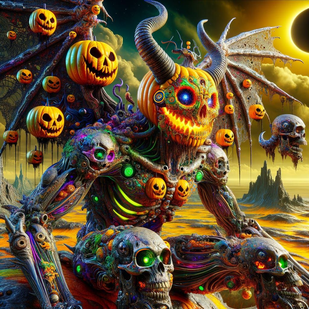 Gothic Macabre Landscape with Multi-Faced Pumpkin Entity