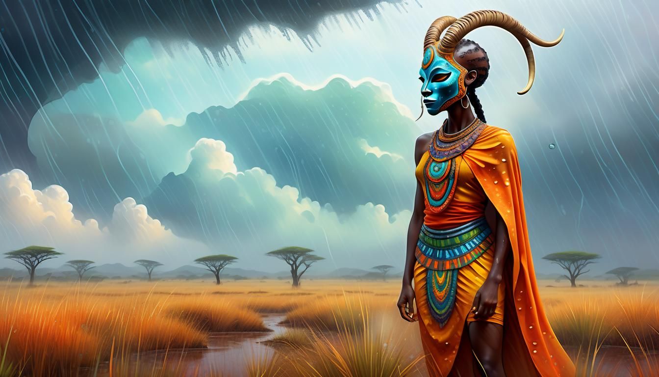 Mandala-Inspired African Goddess Under Rainy Skies
