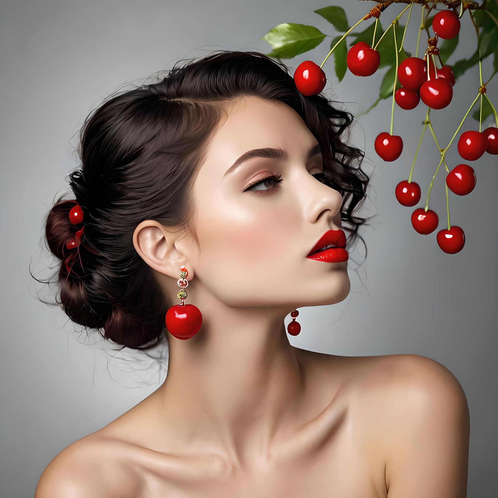 Sensual Portrait with Cherries and Red Lips