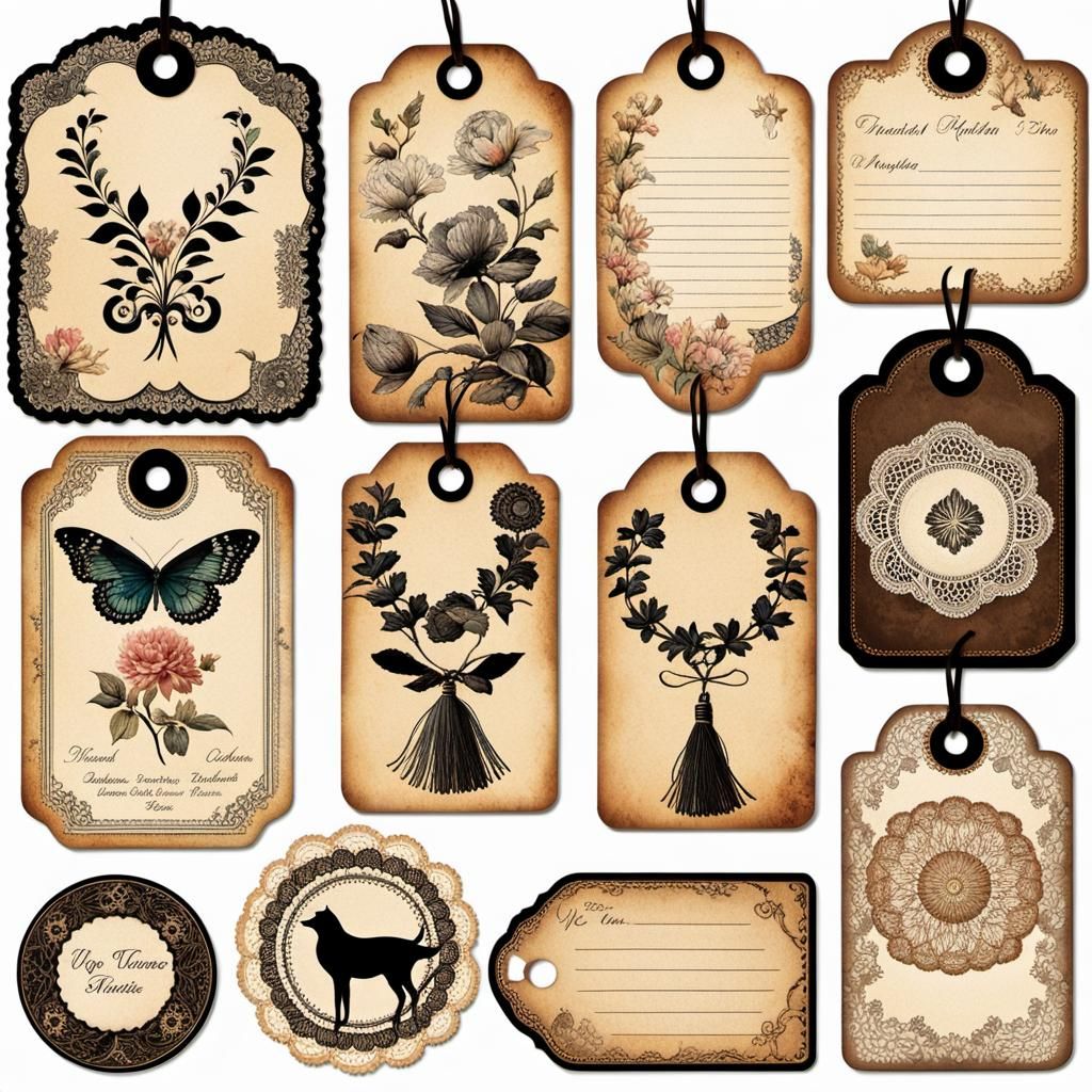 Beautiful Vintage Floral Tags with Lace Illustrations