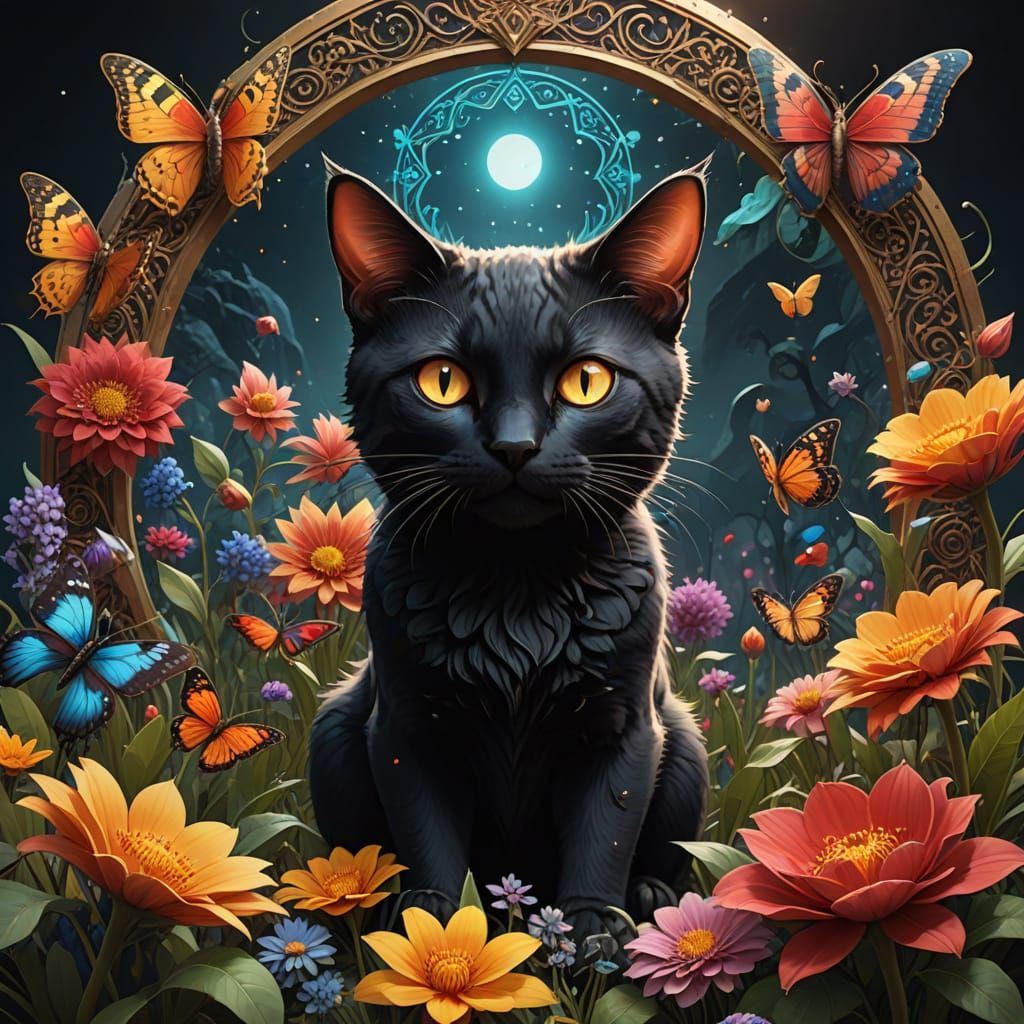 Fantastical Star-Shaped Mandala Surrounds Whimsical Feline F...