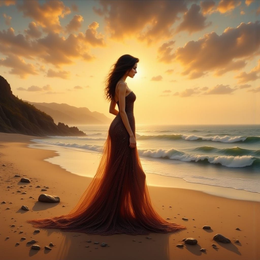 Woman in Elegant Dress on Deserted Beach at Sunset