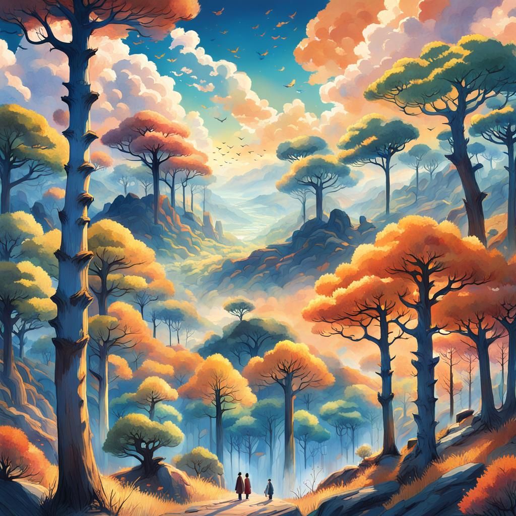 Whimsical Valley of Vibrant Hyperion Trees in Watercolor