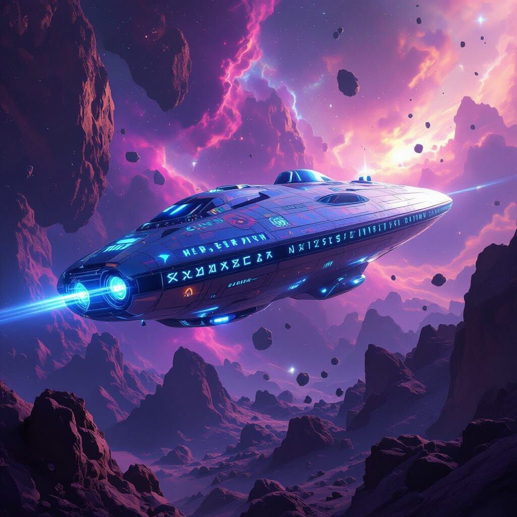 Cosmic Spaceship Crossing Asteroid Belt