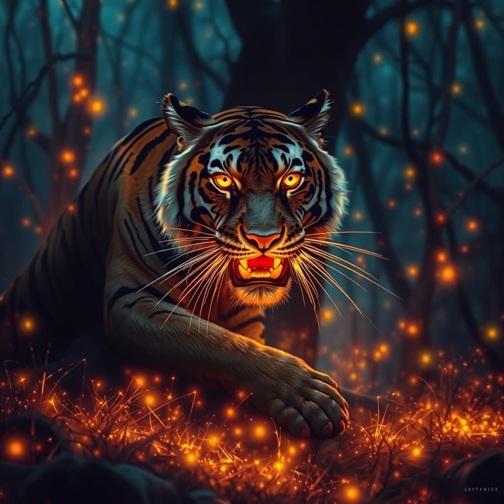 Mystical Tiger Portrait in Vibrant Forest