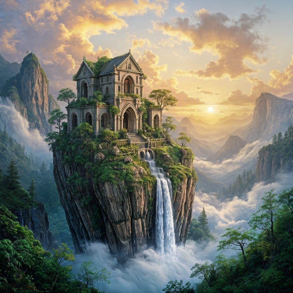 Serene Monastery on Sky Rock, Impasto Painting