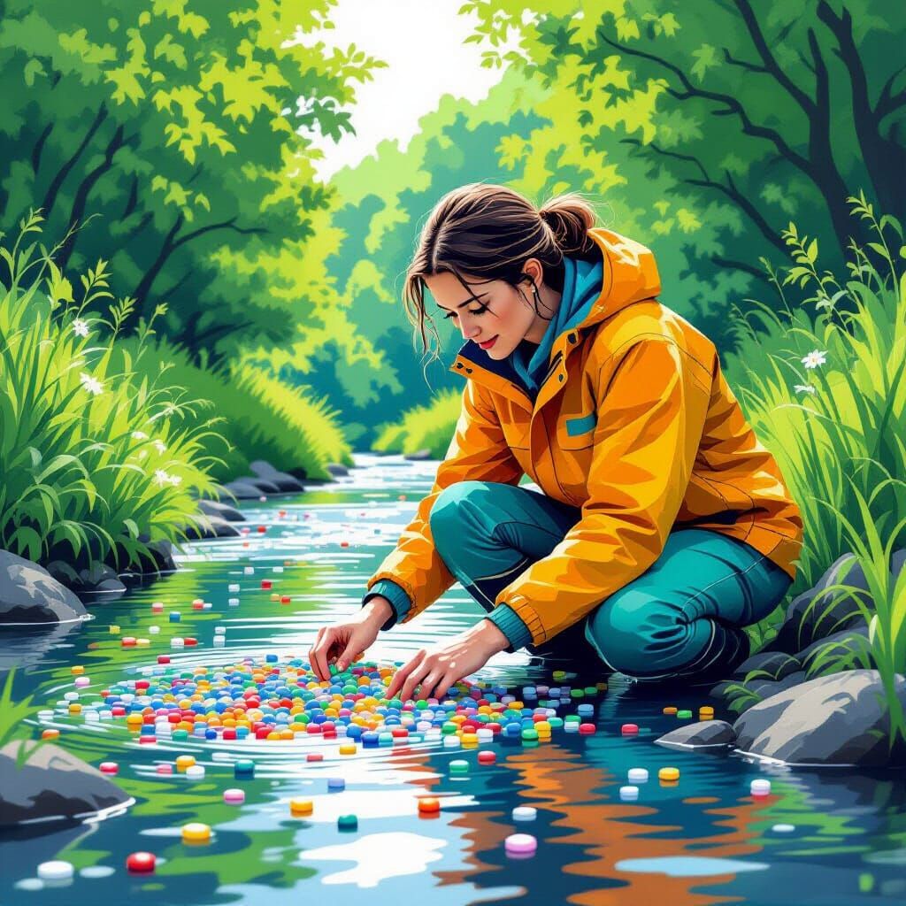 Person Collecting Nurdles in Stylized Illustration