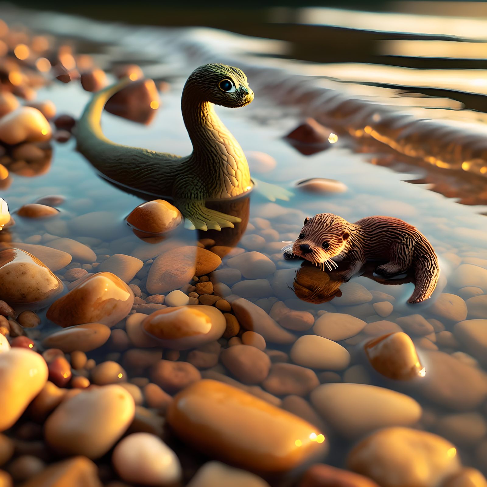 Baby Loch Ness Monster and Otter in Idyllic Lake Scene
