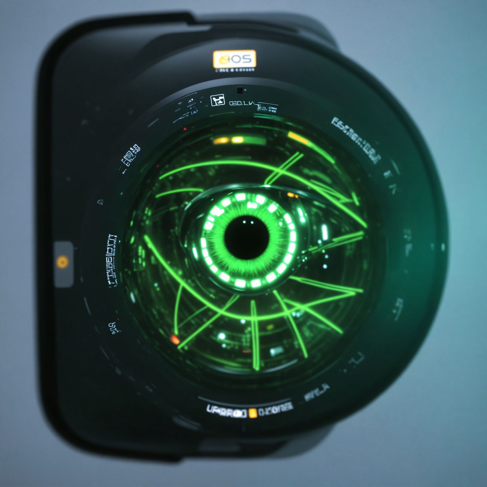 AI EOS, round eye display, ring of green lights all around t...