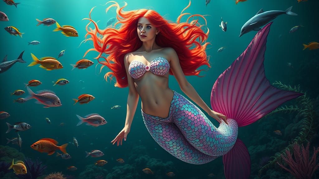 Vibrant Mermaid Goddess in Iridescent Shell Bra