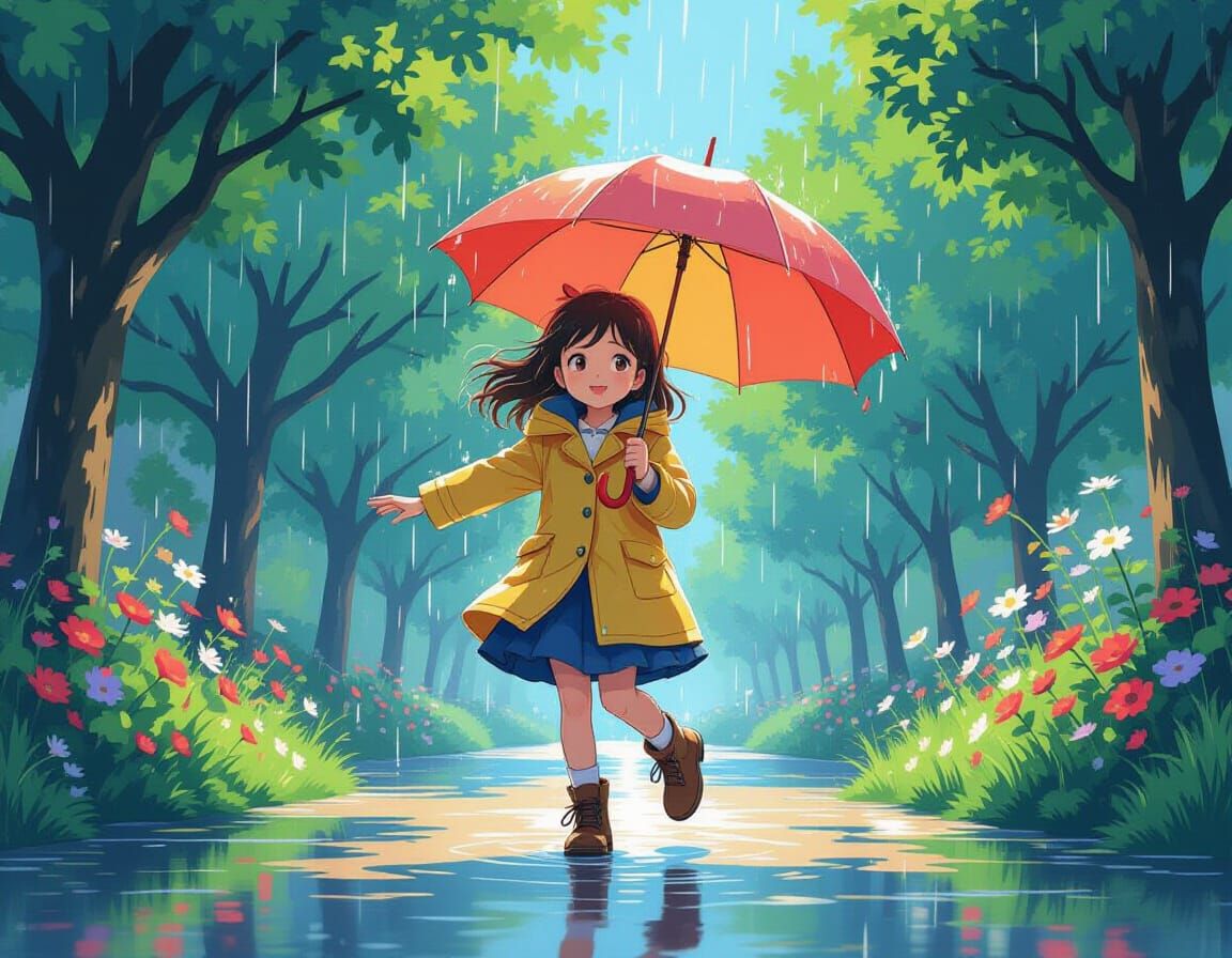 Girl Dancing in Rain, Digital Matte Painting