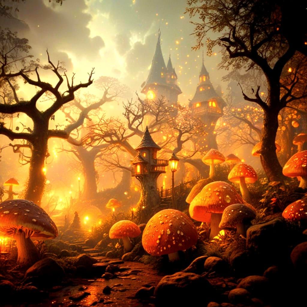 Enchanted Mushroom Village of Gnomes in Fantasy Forest