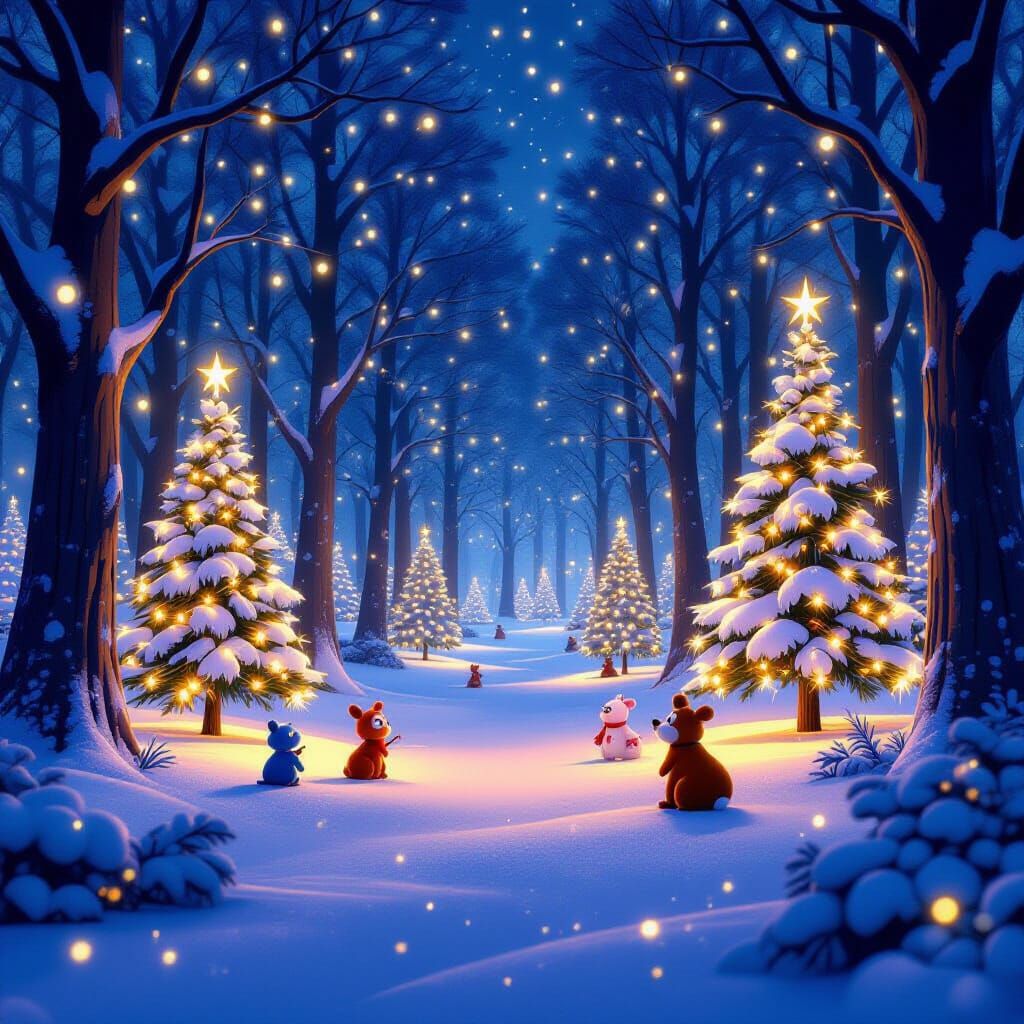 Enchanted Christmas Forest with Glowing Trees and Animals