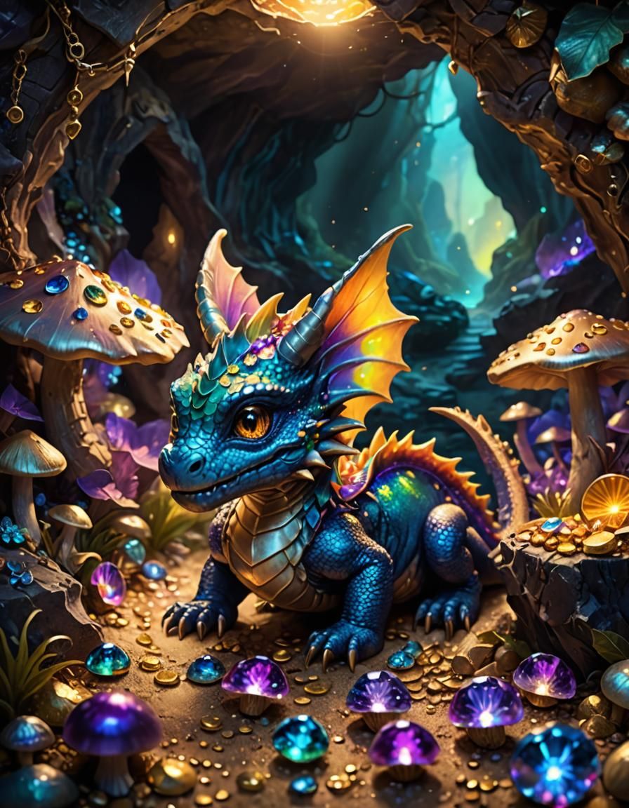 Majestic Baby Dragon Guards Treasure Hoard in Enchanted Cave