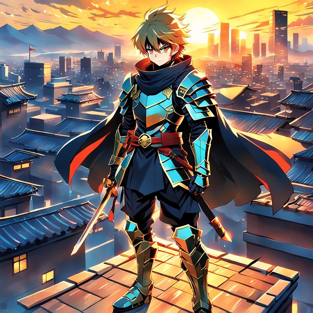 Anime-Style Armored Ninja at Dusk