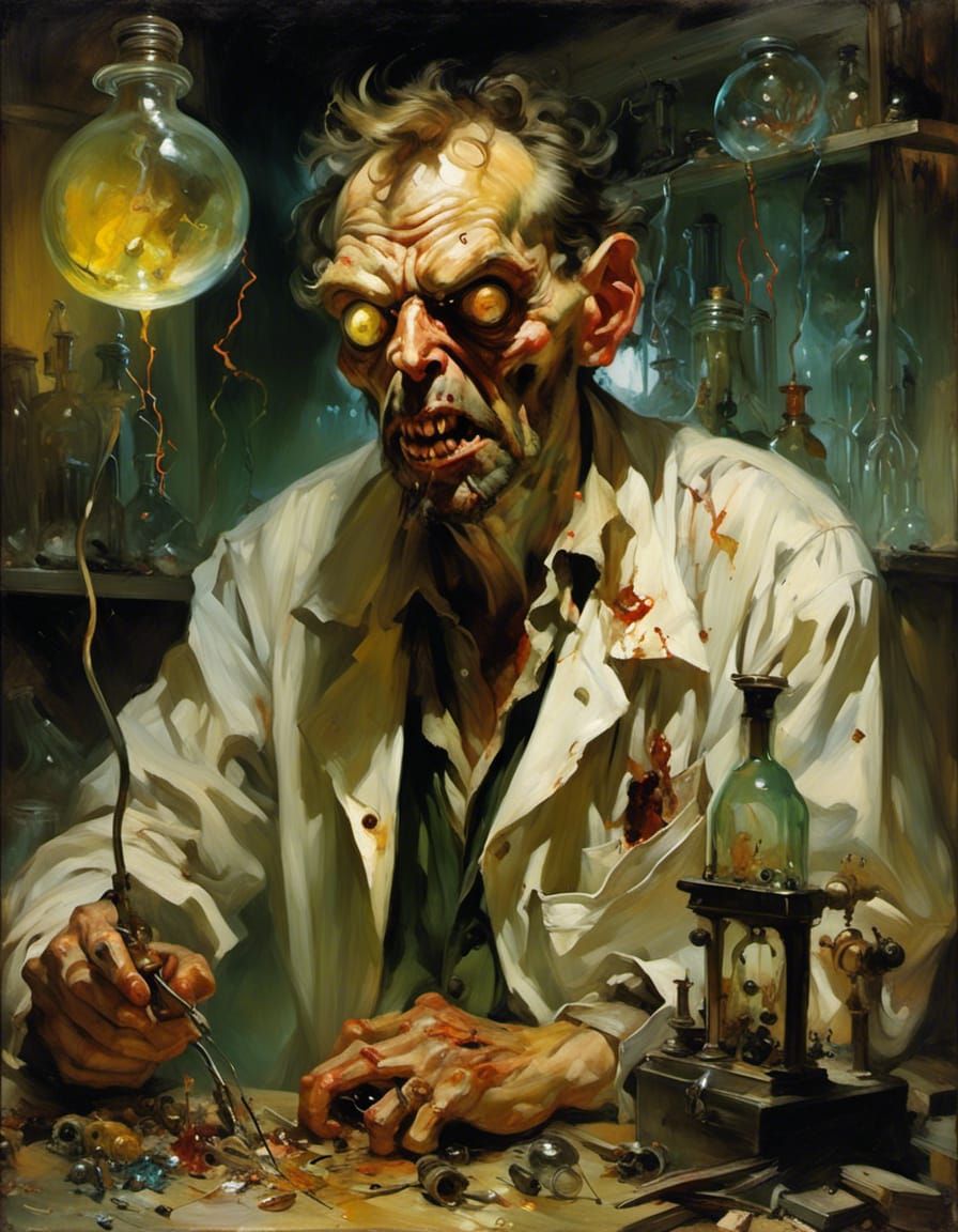 Surreal Portrait of a Grotesque Scientist in a Haunted Labor...