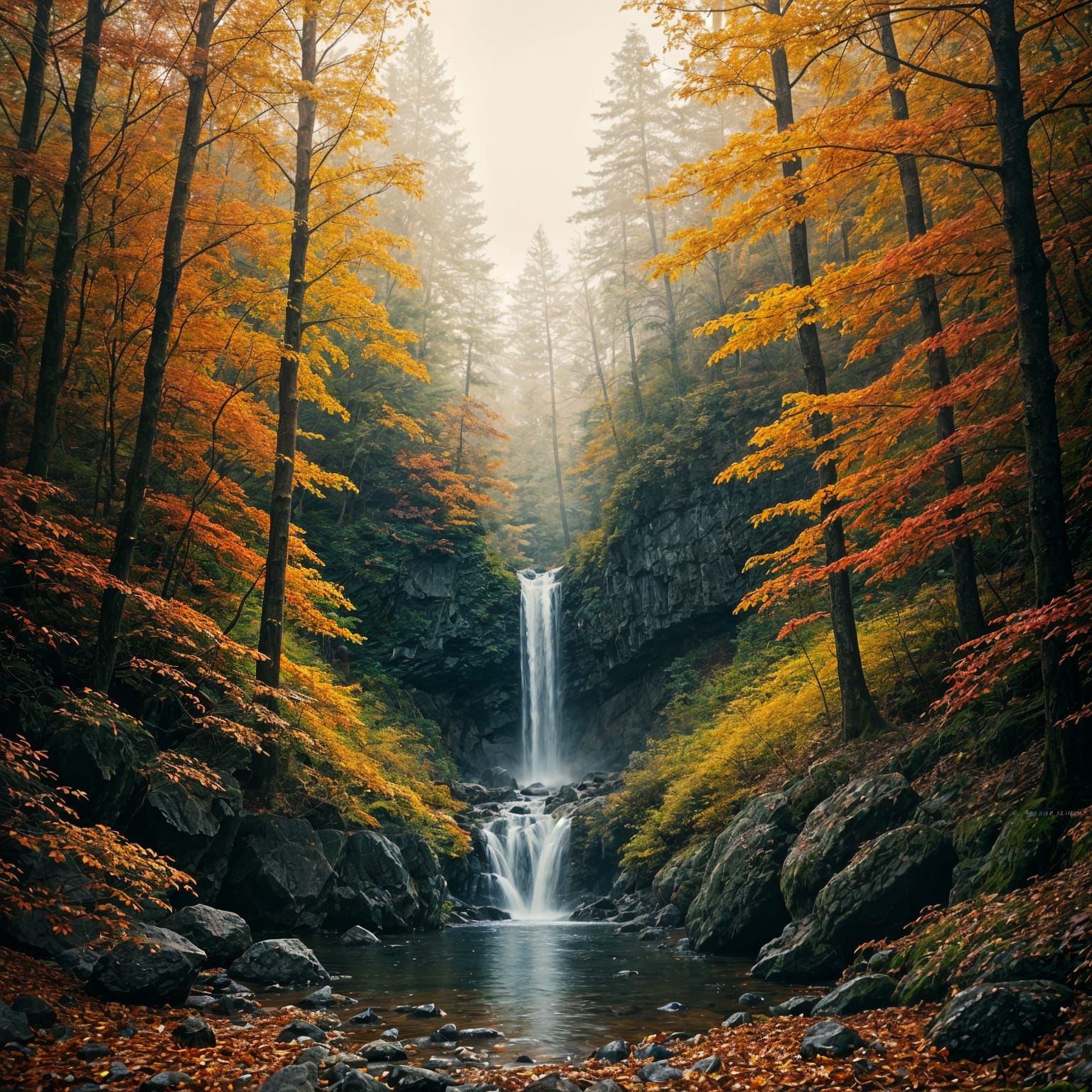 Hidden Waterfall in Warm Forest with Autumn Glow
