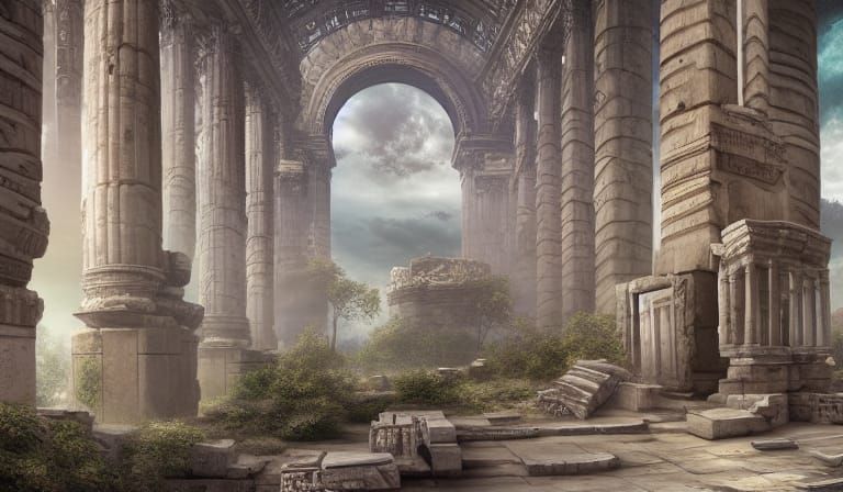 Majestic Ancient Ruins Under Starry Cosmic Skies