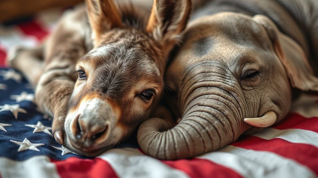 Baby Donkey and Elephant Nap on Flag Blanket