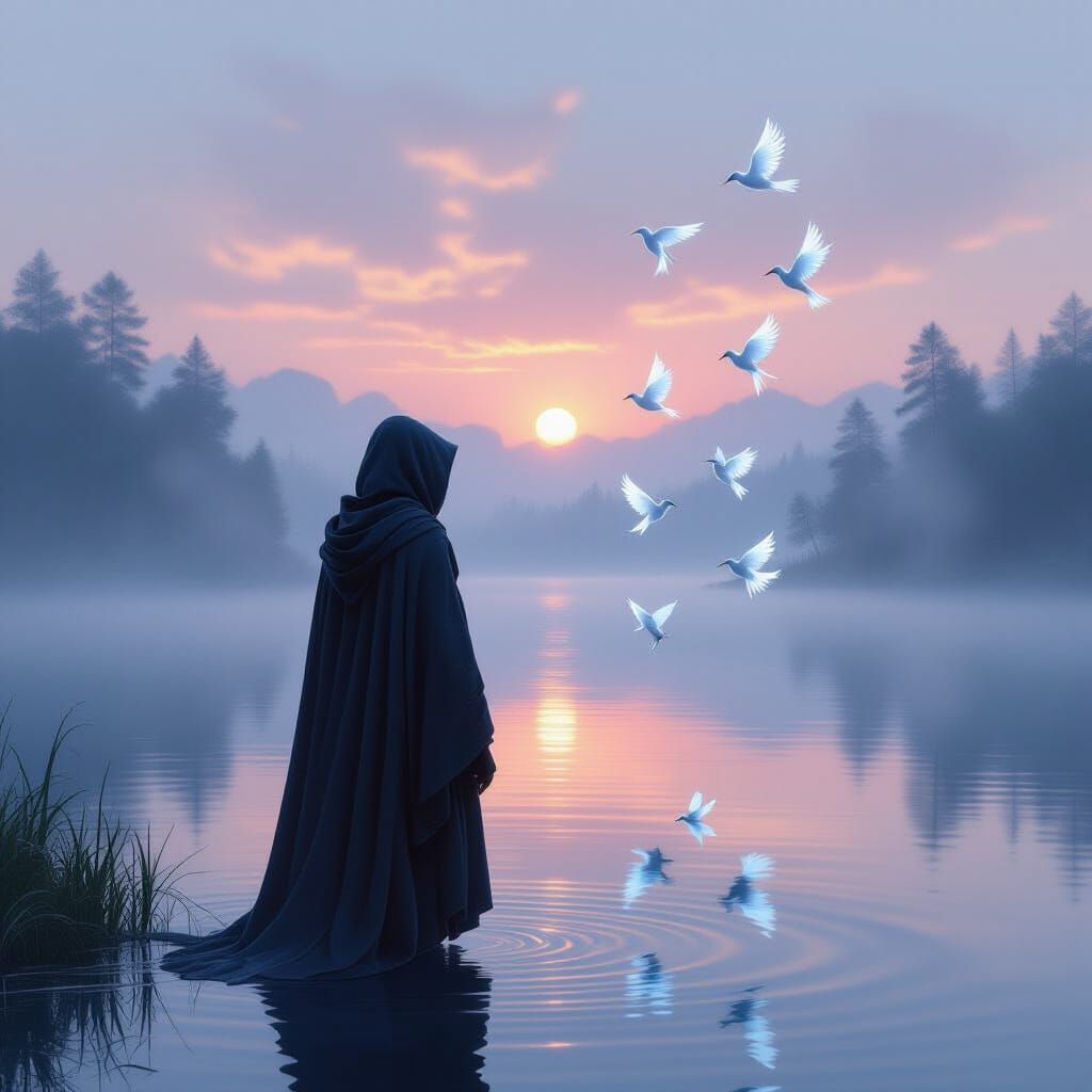 Ethereal Dawn Lake Scene with Bioluminescent Birds