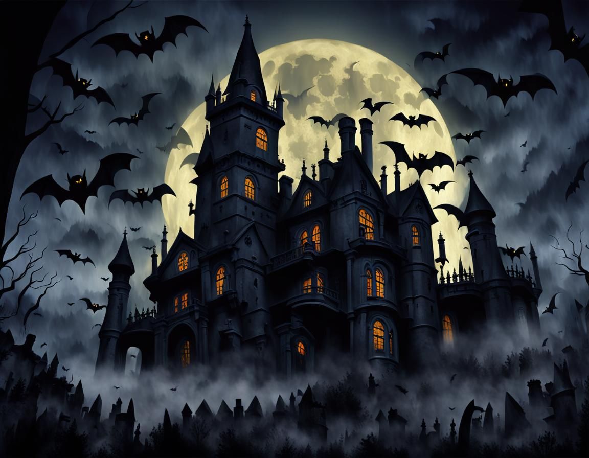 Eerie Gothic Mansion with Bats in Oil Painting